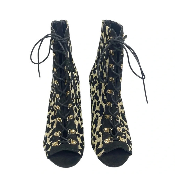 Anne Michelle Metallic Gold & Black Stiletto Heel Ankle Booties Lace Up Peep Toe - Picture 6 of 14